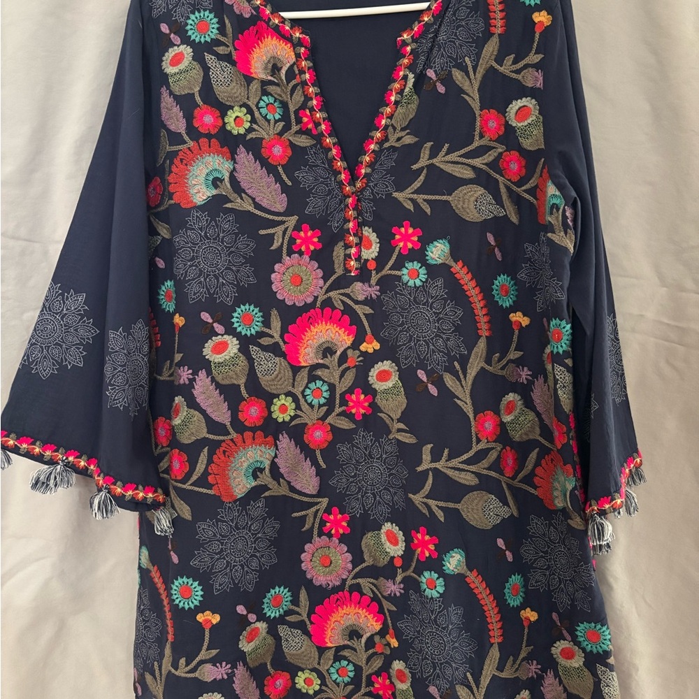 Soft Surroundings Navy Floral Embroidered Tunic